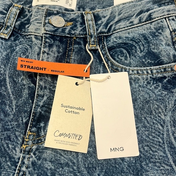 NWT MANGO Medium Blue Paisley Mid-rise straight leg jeans 1 MNG sustainable - Picture 3 of 13